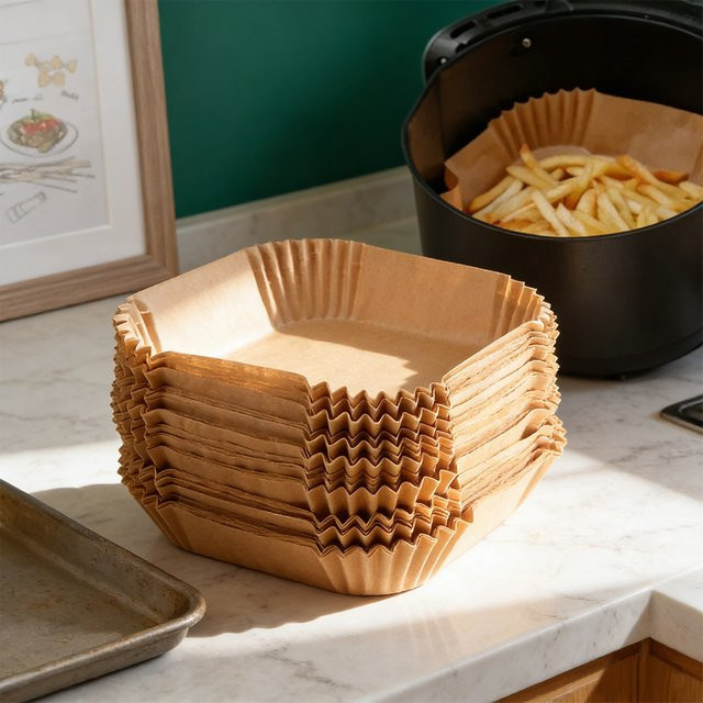 Einweg Papier Backformen für Air Fryer, runde Antihaft Backpapier Liner, braun, Durchmesser: 16,0 cm, 50 Stück - Bild 1