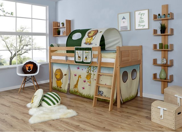 TiCAA Hochbett Eric Country Buche Natur aus Massivholz für Kinderzimmer in Braun - Bild 1