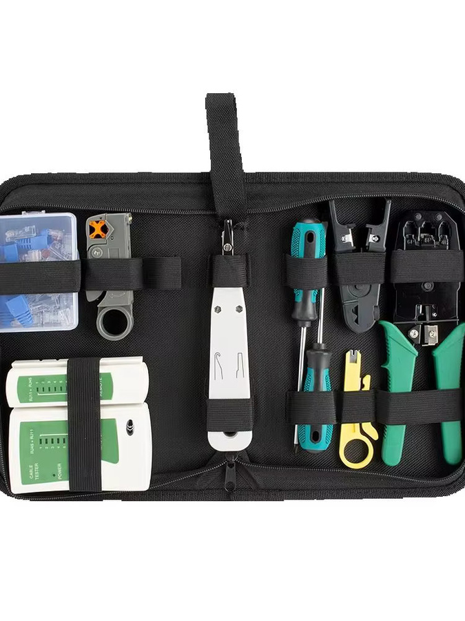 RJ45 Netzwerk-Werkzeugset mit Crimpzange für 8P6P4P, Kabeltester, Abisolierzange, Eintreibwerkzeug, Schraubendreher und K1-Verbindern für Datenkabel - Bild 4