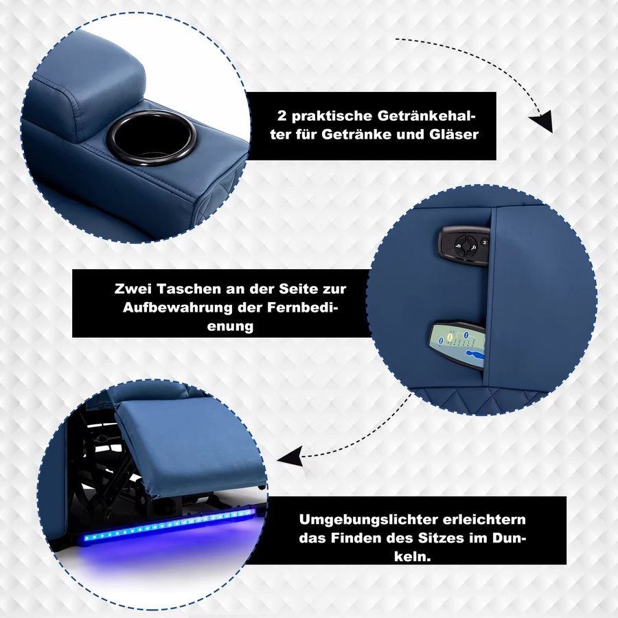 COMHOMA Relaxsessel mit Liegefunktion, Massagefunktion und LED-Beleuchtung in Blau - Bild 2