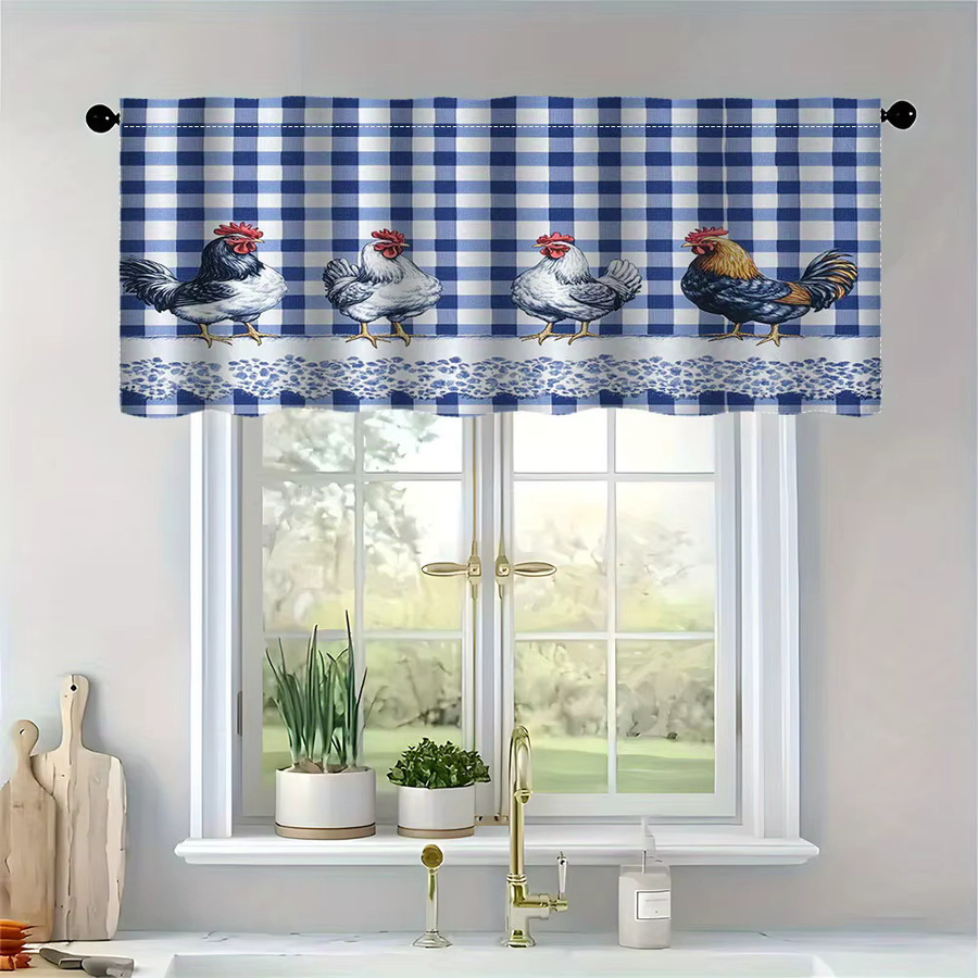 VIKAMA Rustikale Küchengardinen mit Hahn-Motiv in Blauem Karomuster, halbtransparente Stoffvorhänge für Wohnzimmer und Schlafzimmer - Bild 2