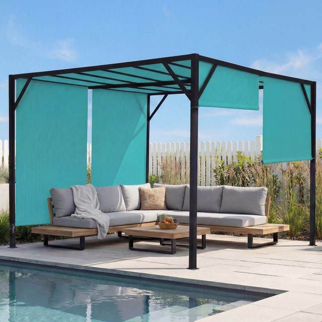 MCW Pergola Beja Garten Pavillon Terrassenüberdachung mit Schiebedach aus Stahl und Polyester, Farbe: Türkis-Blau, B x T: 300 x 305 cm - Bild 1