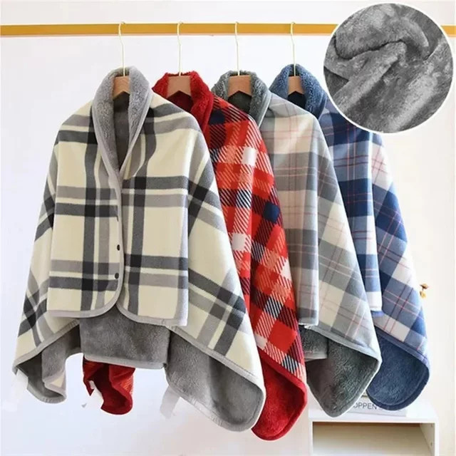 DUTRIEUX Fleece-Überwurfdecke mit Ärmeln und Knöpfen, kariertes Design, warm für Winter, Büro und Reisen, B/T: 130 x 80 cm - Bild 1