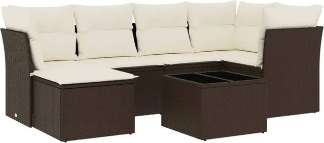 vidaXL 7-tlg. Garten-Sitzgruppe in L-Form aus Polyrattan mit Kissen, Braun - Bild 1