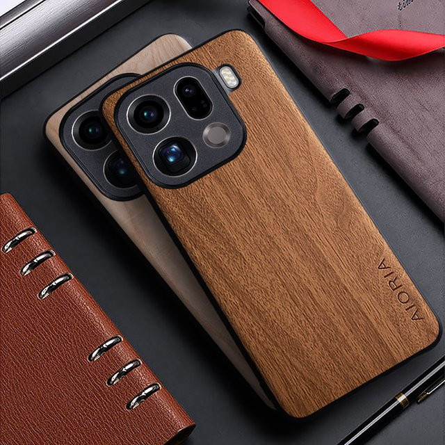 Handyhülle mit Bambus-Holzmuster aus PU-Leder für OPPO Find X9 Pro 5G in Grau - Bild 1