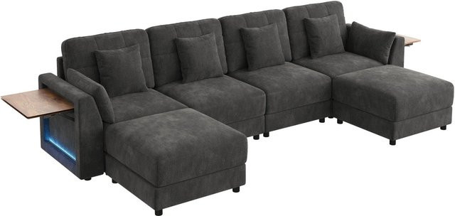 Merax Ecksofa in U-Form mit LED-Beleuchtung und Hocker, Grau, Chenille-Stoff, B: 292 cm, T: 135 cm, H: 82 cm - Bild 1