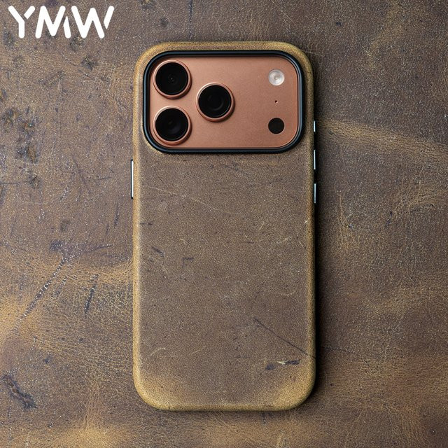 YMW Scars Echtledertasche aus Crazy Horse Rindsleder für iPhone 17 16 15 Pro Max in Braun mit Magnetfunktion - Bild 1