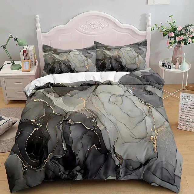 Bettwäsche-Set Your Warm Home mit Bettbezug und Kissenbezug in Grau Gold Marmor Design, Moderne Abstrakte Kunst, Mikrofaser, B/H: 180 x 210 cm - Bild 1