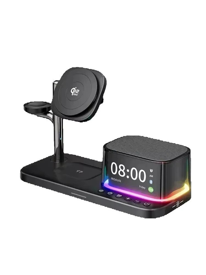 VIKEFON 4-in-1 Magnetisches Kabelloses Ladegerät mit Bluetooth-Lautsprecher, Uhr und RGB-Licht für iPhone, Apple Watch und AirPods in Schwarz und Orange - Bild 6