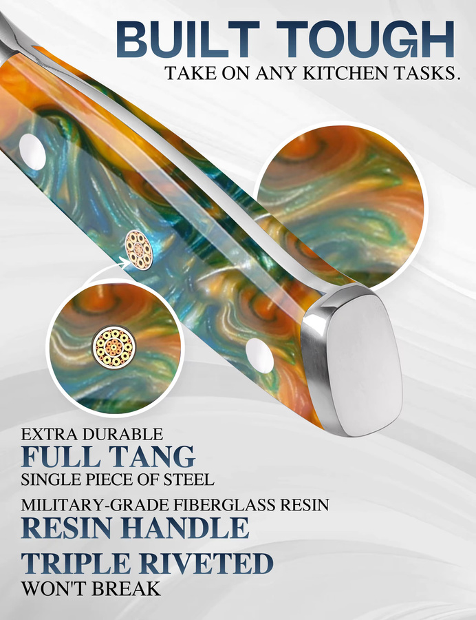 WILDMOK 3-teiliges professionelles Kochmesser-Set aus VG10 Damaszener Stahl mit orangefarbenem Harzgriff und Vollmetallgriff in Multicolour - Bild 6