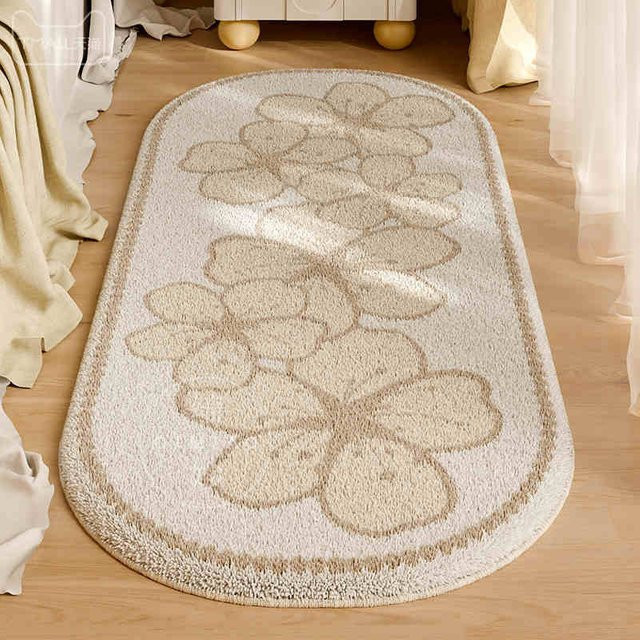 Ins Style Floraler Plüschteppich in Rosa und Beige, weicher Nachttischteppich für Schlafzimmer und Wohnzimmer, B/L: 45 x 120 cm - Bild 1