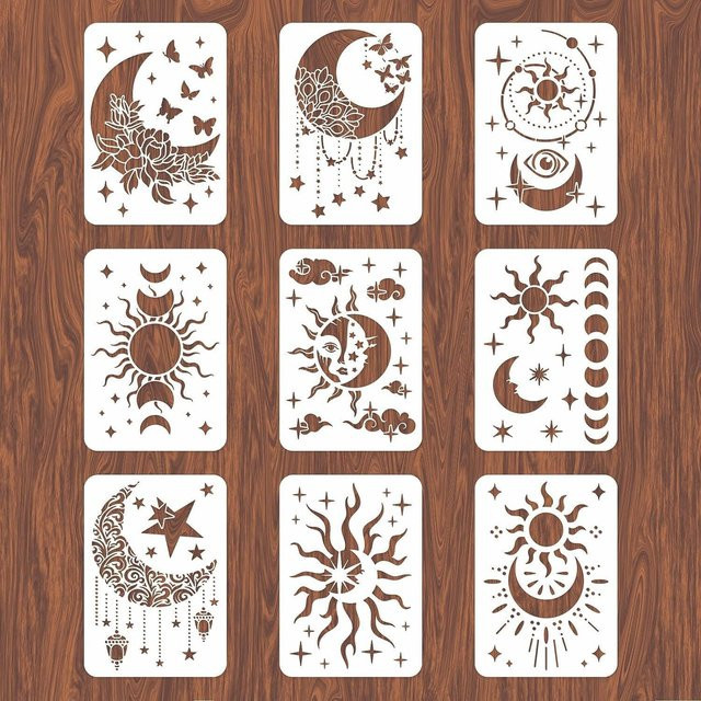 TIAMECH 9-teiliges Schablonen-Set A4 mit Sternen, Mond und Sonne für DIY Wandmalerei, Scrapbooking und Prägung, Breite: 29 cm - Bild 1