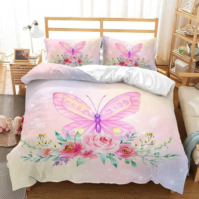 Binchi Fitness Schmetterling Bettwäsche Set für Kinder mit Regenbogen-Motiv, Rosa Lila, B/H: 140 x 200 cm - Bild 1