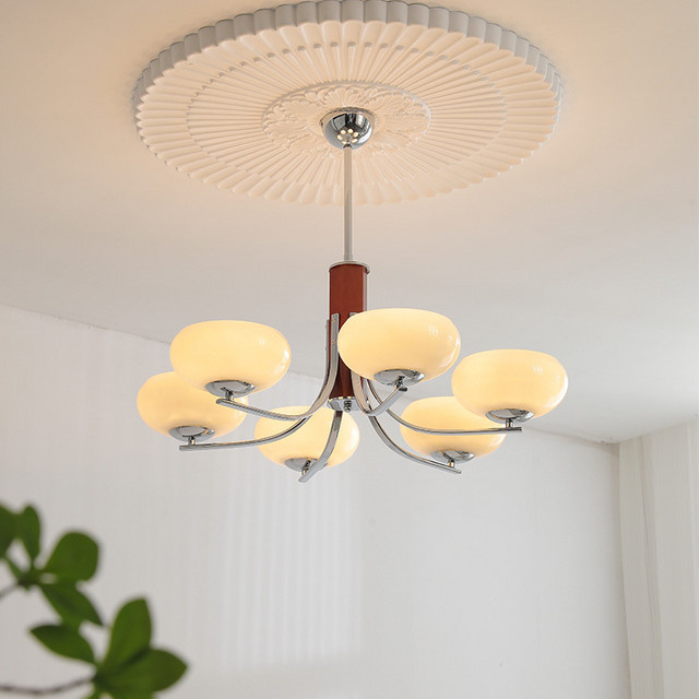 HomeLover Retro Bauhaus Pendelleuchte aus Glas und Holz in Milchweiß - Bild 1