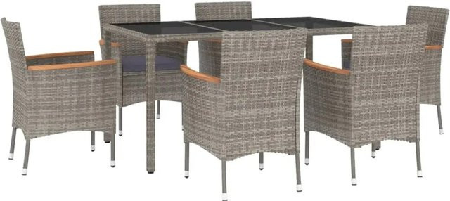 vidaXL 7-teilige Garten-Essgruppe aus Poly Rattan und Akazienholz in Grau mit Kissen und Hartglasplatte - Bild 1