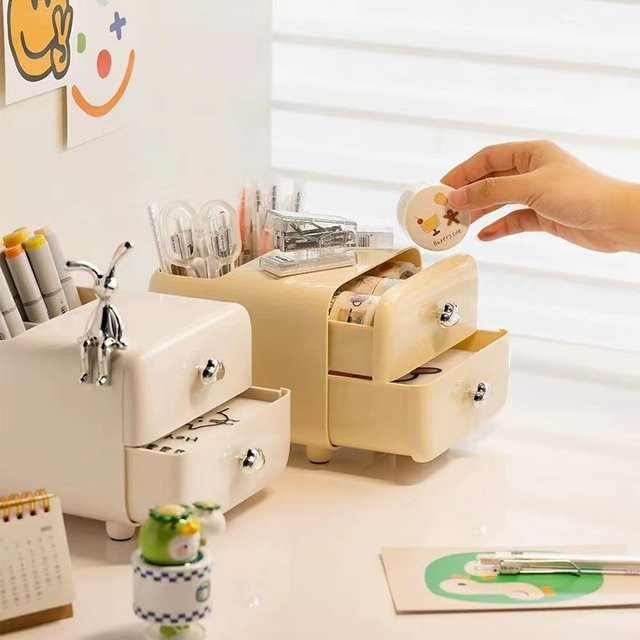 Kawaii Desktop Kosmetik Aufbewahrungsbox mit Schubladen und Stifthalter im Hasen-Design, Beige - Bild 1
