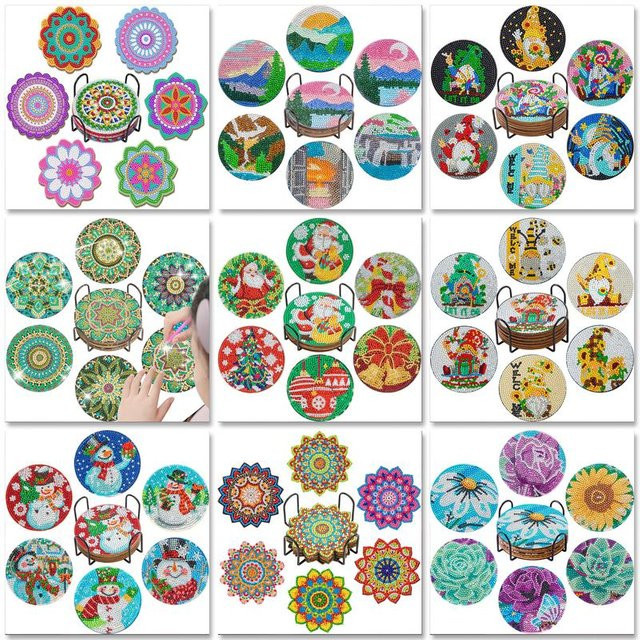 GATYZTORY 6er Set DIY Diamant-Malerei Untersetzer mit Mandala-Blumen Design, 5D Vollbohrer, rutschfest und mit Halter, Mehrfarbig - Bild 1