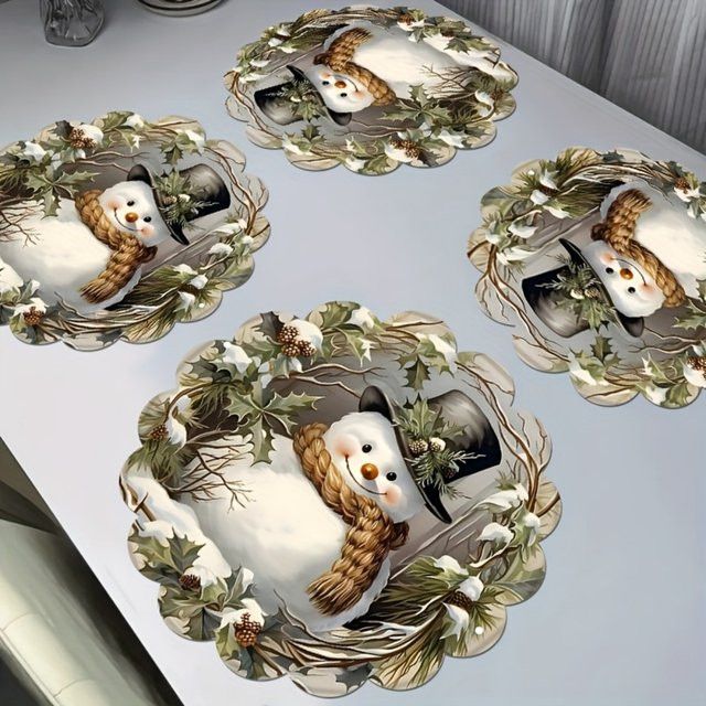 VIKAMA Schneemann-Tischset, 4-teiliges Set wasserdichte Weihnachtstischdekoration für dein festliches Weihnachtsessen - Bild 1