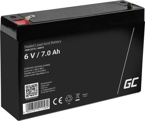 Green Cell AGM12 Blei-Gel Akku 6V 7Ah Schwarz mit 4.8mm Flachsteckern, zyklenfest und wartungsfrei, B/H/T: 15,1 x 10,0 x 3,5 cm - Bild 1