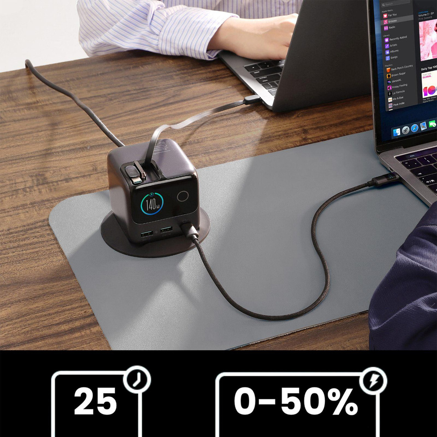 Joyroom Podix JR-TRD01 Ladestation mit 140W GaN und 5 Ports inklusive 2 einziehbarem USB-C Kabel, Grau - Bild 5
