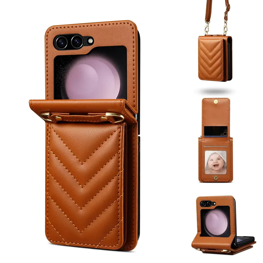 Modische V-förmige Leder-Umhängetasche als Handyhülle für Samsung Galaxy Z Flip 7, 6, 5, 4, 3 in Gold mit integrierter Kartentasche und stoßfestem Schutz - Bild 4