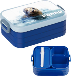 Mepal Bento Brotdose Siegel in Blau mit Bestückung durch Trennfächer und Besteck, personalisierbar mit Namen und Foto - Bild 1
