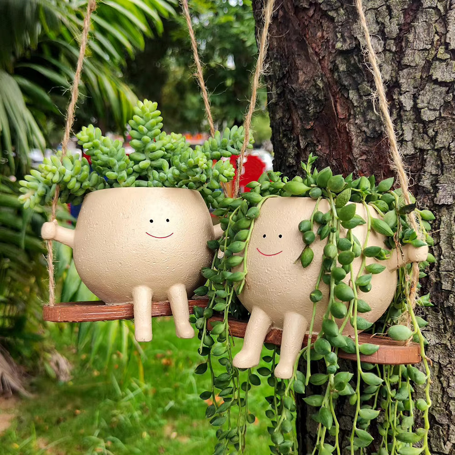 Kreativer Wand-Kopfpflanzer aus Harz mit lächelndem Gesicht in Beige für Haus, Garten und Terrasse - Bild 4