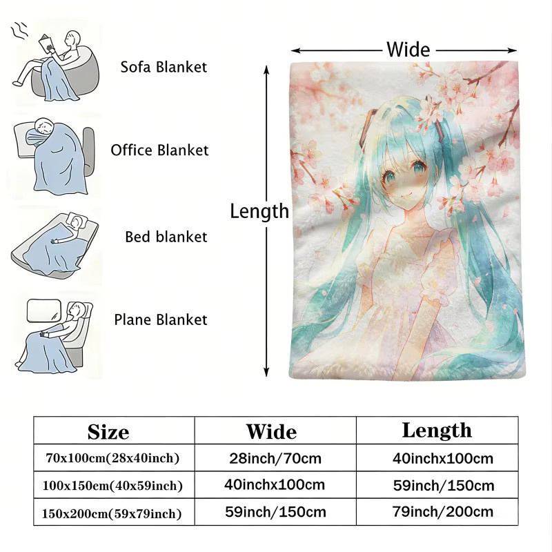 Hatsune Miku Flanell-Decke mit Sakura Kirschblüten-Design, Mehrfarbig, B/T: 100 x 70 cm - Bild 2
