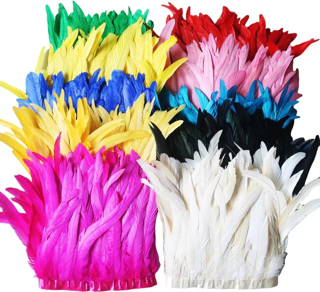 YY-tesco Hahnenschwanzfeder-Quastenbesatz in Gold und Multicolour, 10 Meter, 25–30 cm Länge, Bastelzubehör für Hochzeit, Party und Kleidung - Bild 1