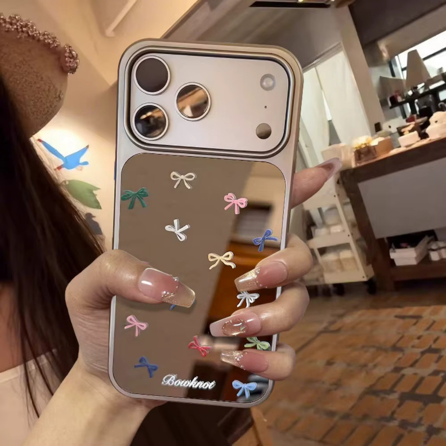 Apple iPhone 17 16 15 14 Pro Max Handyhülle mit Schleifen-Spiegel-Design in Silber und Multicolour, stoßfeste Hybrid-Bumper-Hülle aus ultradünnem PC-Hartschalenmaterial - Bild 2