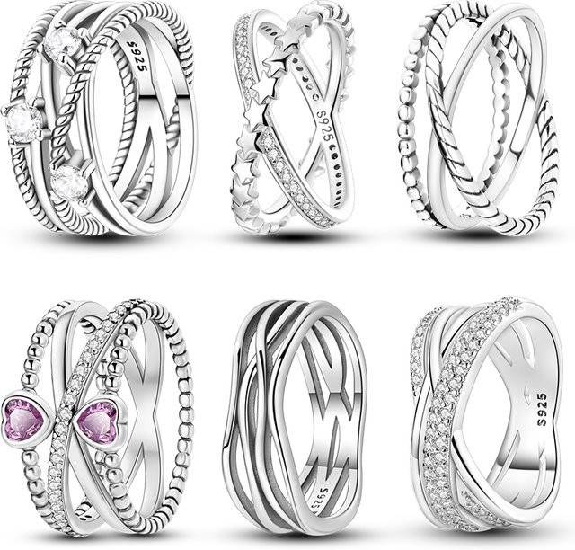 Qikaola Ringe, 925 Silber, Zirkonia, verflochtene Linienringe - Bild 1