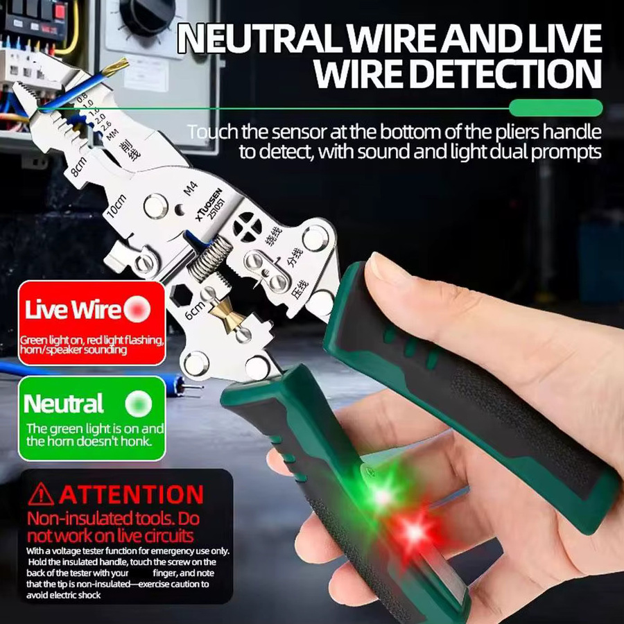 Multifunktionale Abisolierzange und Spannungsprüfer aus Edelstahl in Grün mit Live- und Neutralleitererkennung - Bild 4