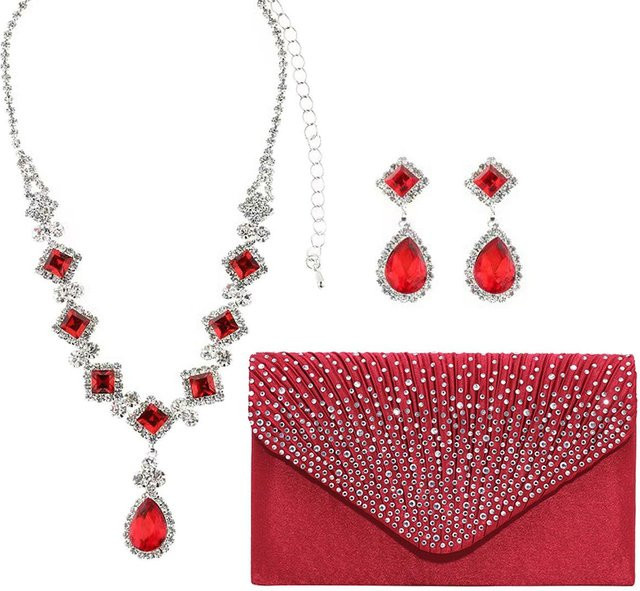 Schmuck-Set Halskette, Ohrringe, Kupfer, rot, Zirkonia, Kristall, Damen - Bild 1