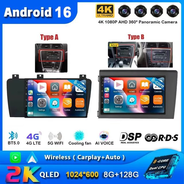 TIEYEZ Android 16 Multimedia Radio Head Unit mit CarPlay und Navigation für Volvo XC70 V70 S60 2000 - 2009 in Schwarz - Bild 1