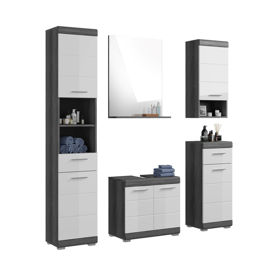 xonox.home Badmöbel-Set Scout 5-teilig in Eiche Rauchsilber und Weiß Hochglanz B/H/T: 164 x 191 x 34 cm - Bild 2