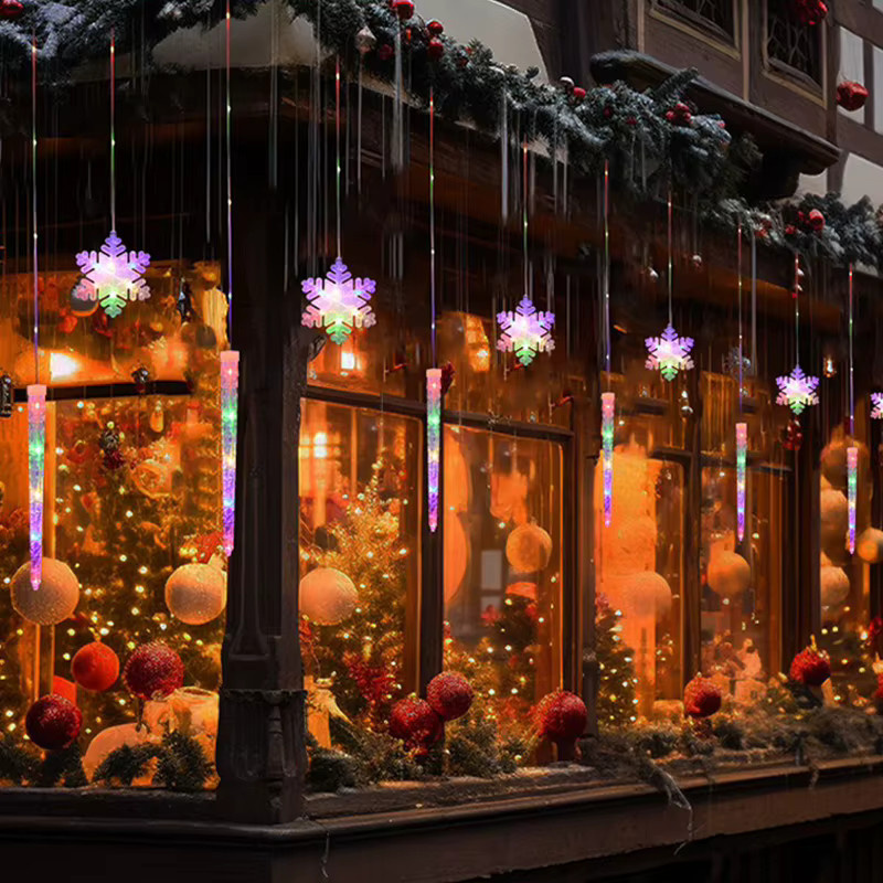 Feimefeiyou Weihnachtsbeleuchtung als Lichtervorhang mit Schneeflocken und Sternen, USB-Betrieb, 8 Modi und Fernbedienung - Bild 2