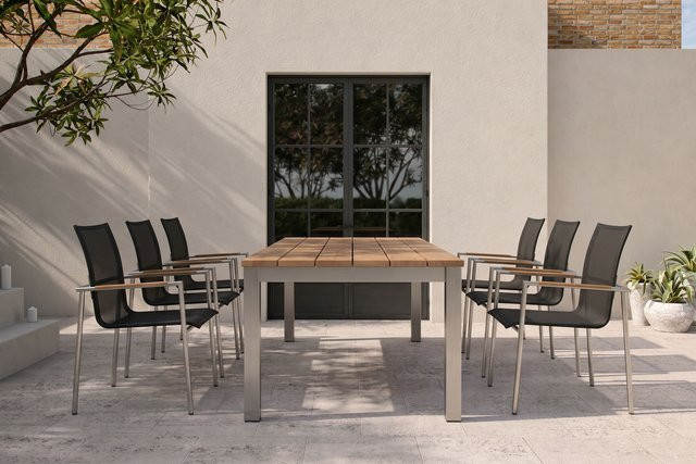 OUTFLEXX Garten-Essgruppe aus Teakholz, Edelstahl und Textilene in Natur/Anthrazit mit ausziehbarem Tisch und 6 Diningsesseln, FSC-zertifiziert - Bild 1