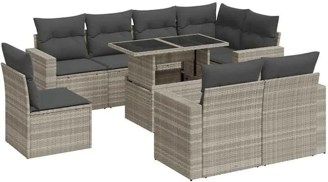 vidaXL 9-teilige Garten-Sofagarnitur aus Poly-Rattan mit Kissen in Hellgrau - Bild 1