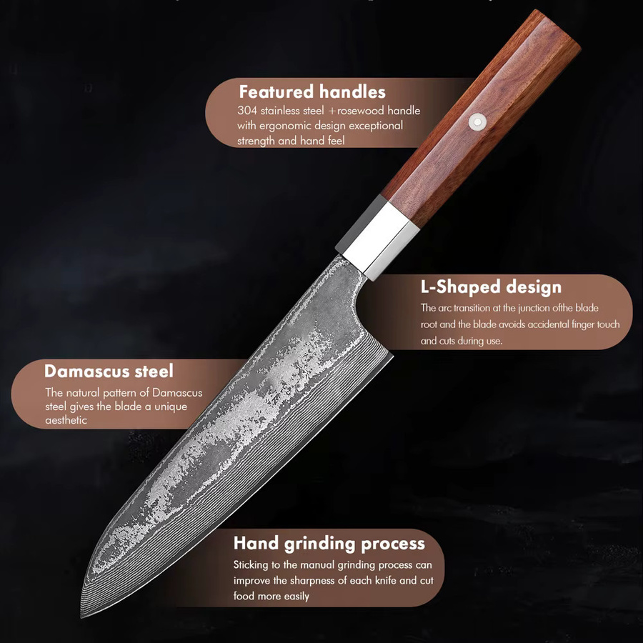 MOSTODOZO 7-Zoll Japanisches Santoku-Messer aus 67-lagigem Damaszener Stahl mit Holzgriff in Braun - Bild 4
