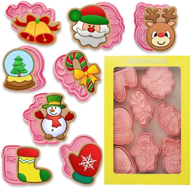 8 Stück Weihnachtsplätzchenformen aus Kunststoff mit 3D-Cartoon-Design für DIY-Gebäck und Dekoration - Bild 1