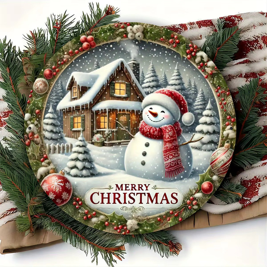 Potdemiel Weihnachtsschneehaus und Schneemann Runde Metallwandkunst Vintage Eisenschild, Durchmesser: 20,32 cm, Mehrfarbig - Bild 4