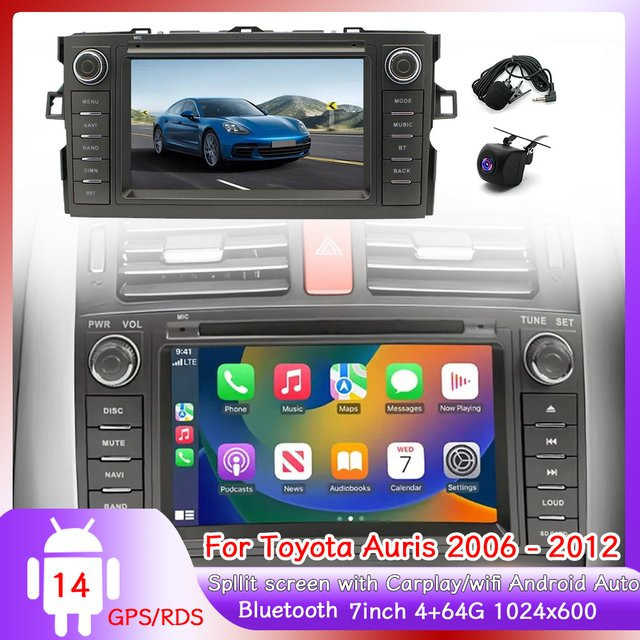 7 Zoll Android 14 Autoradio mit Navi, Mirrorlink, GPS, WiFi und Bluetooth für Toyota Auris (2006-2012), Schwarz - Bild 1