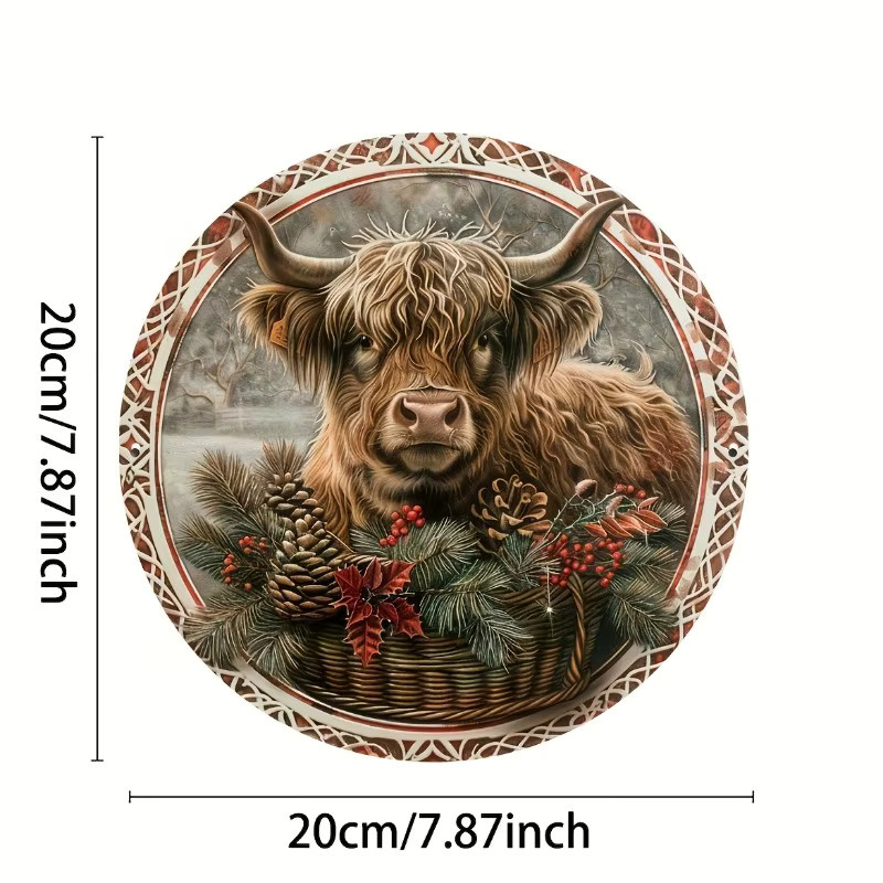 Potdemiel Rustikales Hochlandkuh-Weihnachtskranzschild aus Aluminium in Braun, Durchmesser: 20,3 cm - Bild 2