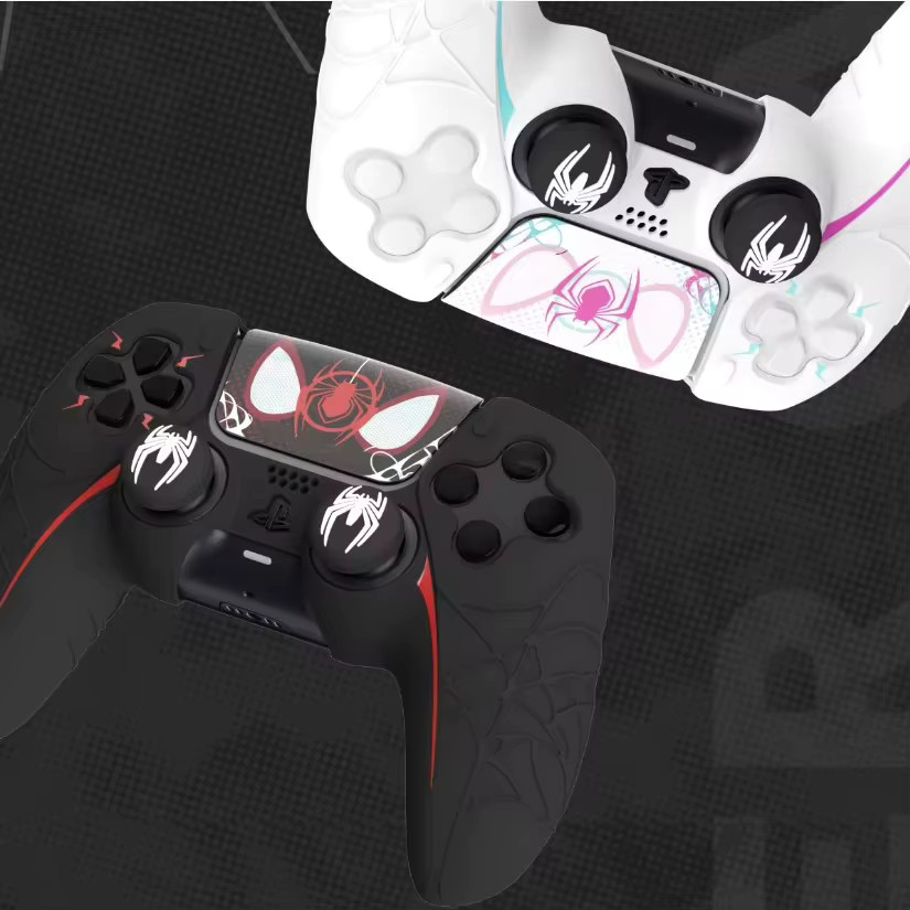 Spinnennetz Silikon Schutzhülle und Thumb-Stick Grip Caps für Sony Dualsense 5 PS5 Controller in Weiß und Multicolour - Bild 2