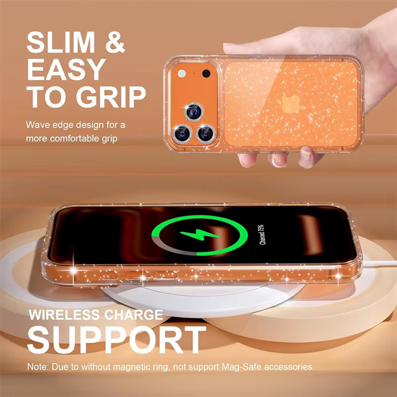 NMEGOU 3-in-1 Schutzhülle für iPhone mit Kameraobjektivschutz, Displayschutz und Glitzer-Softcase in Orange - Bild 3
