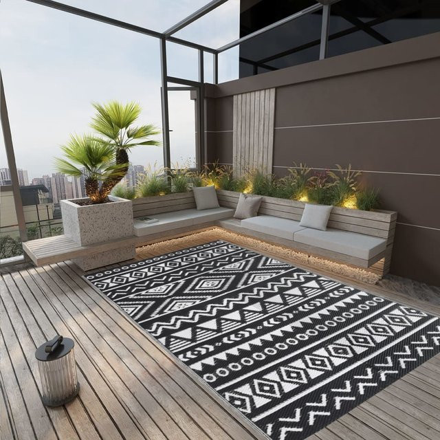 vidaXL Outdoorteppich mit Jacquard-Muster in Schwarz, B/T: 190 x 290 cm, Polypropylen (PP) - Bild 3