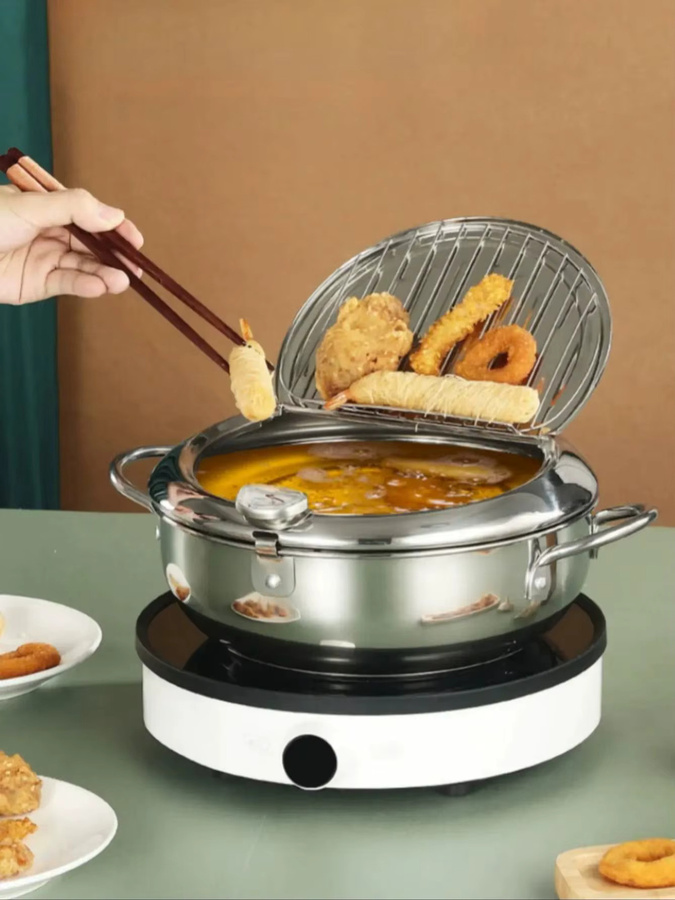 Japanischer Frittiertopf aus Edelstahl mit Thermometer und Deckel von BAIJL, Silber - Bild 7