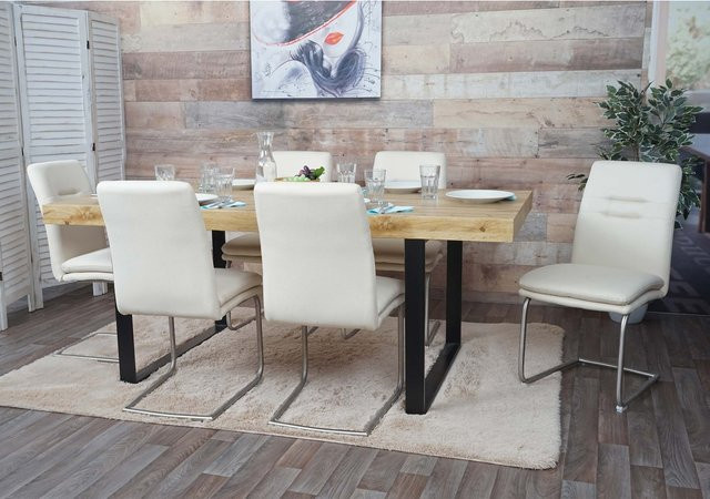 6er-Set MCW Esszimmerstühle H70 Freischwinger aus Stoff in Beige mit Edelstahlgestell - Bild 1