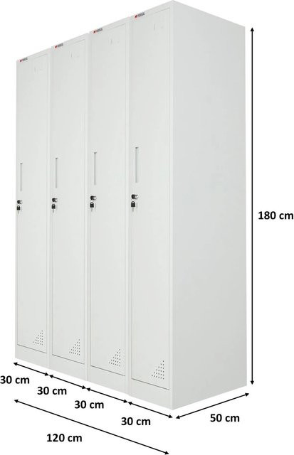PROREGAL Spindschrank ELEPHANT Set aus 4 Abteilen, Metallschrank Lichtgrau mit Kleiderstange und Kleiderhaken, abschließbar, H x B x T: 180 x 30 x 50 cm - Bild 1