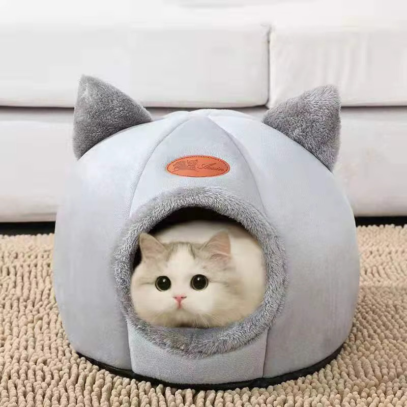 BOOTEELY Katzenbett Höhle aus Mikrofaser in Grau, tragbares Haustiernest für Katzen - Bild 1